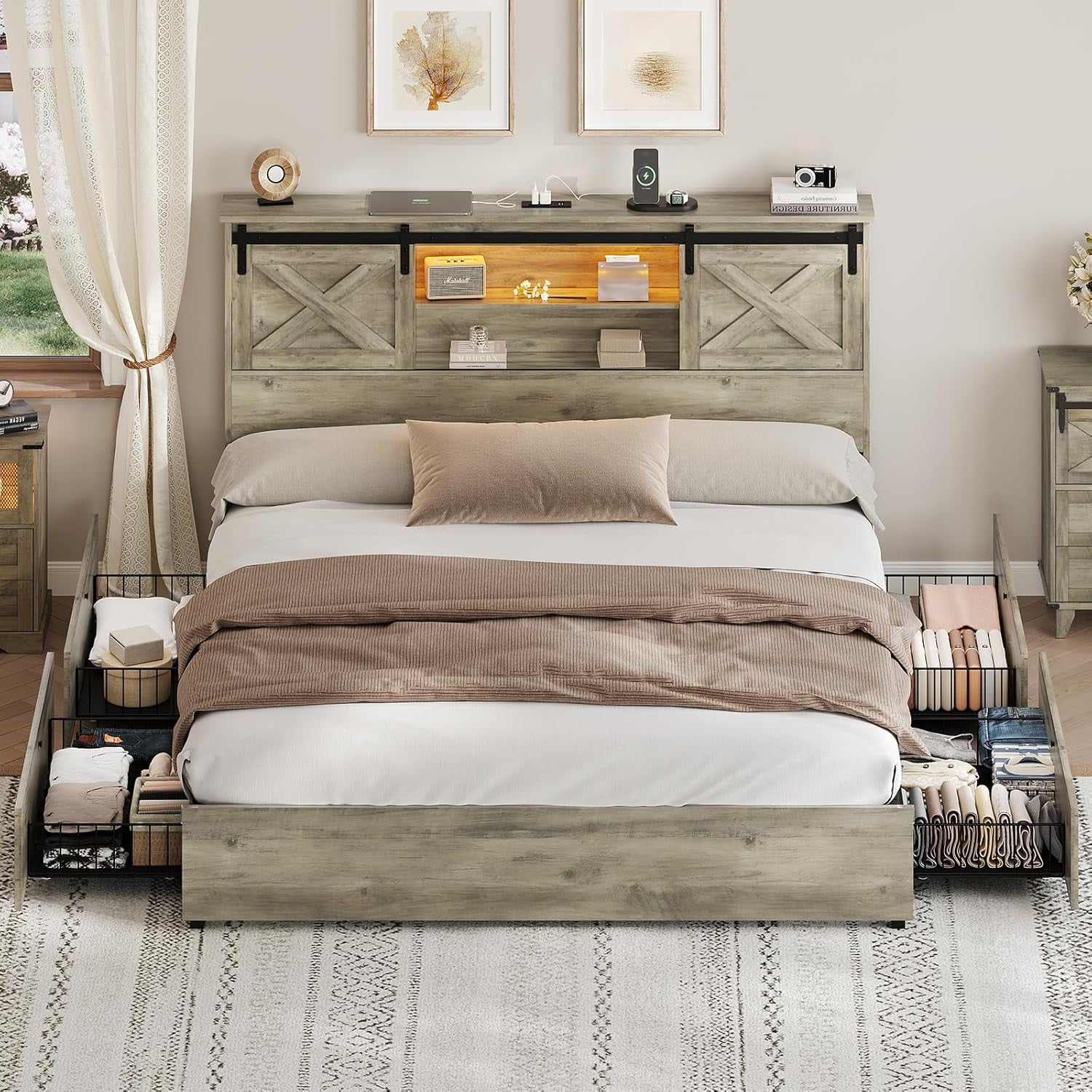 Farmhouse King Size Bed Frame with Charging Station & LED Lights,Wooden Platform King Beds with 4 Storage Drawers,Storage Headboard and Sliding Barn Door,Gray