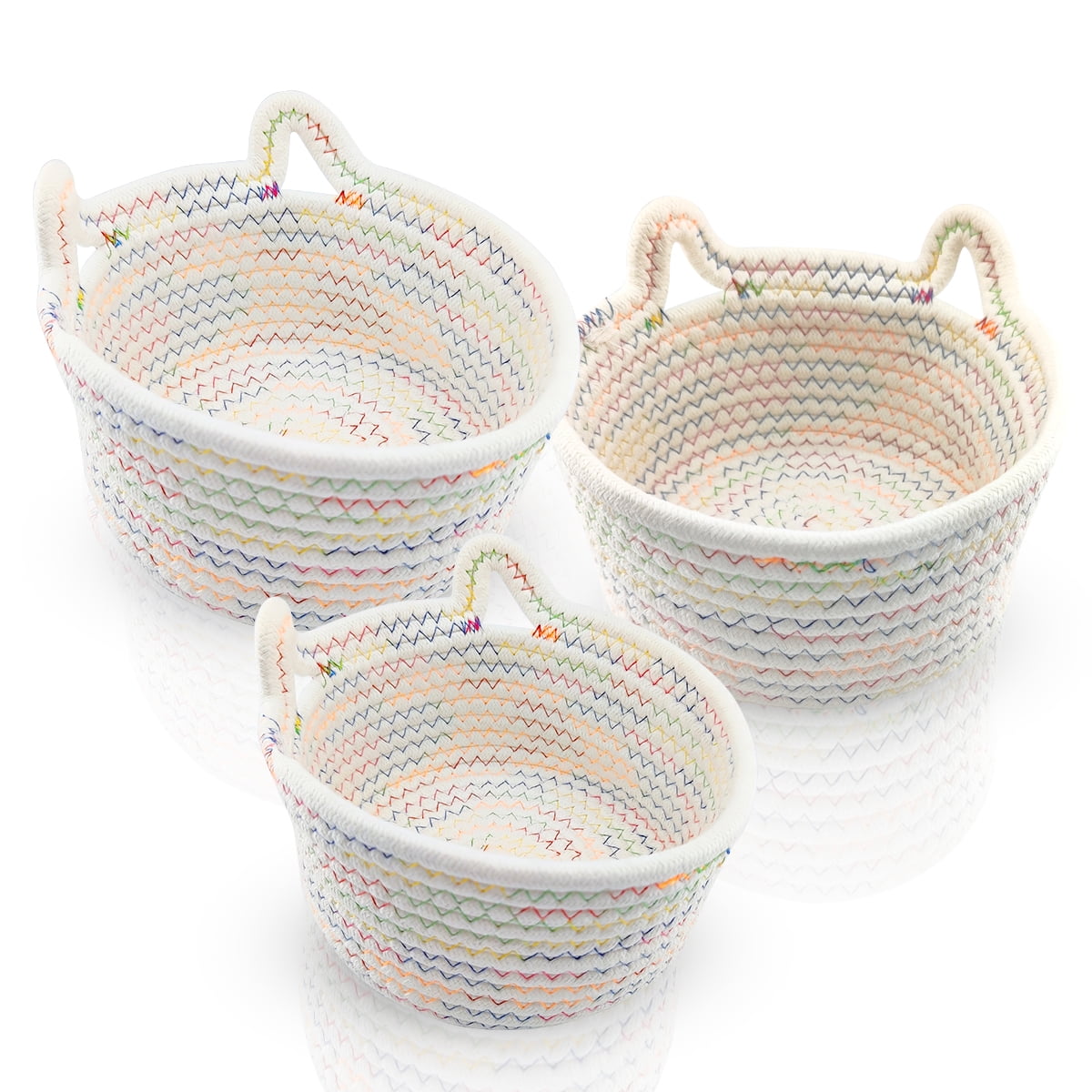 Logianis 3Piece Round Small Woven Baskets Set 100 Natural Cotton Rope