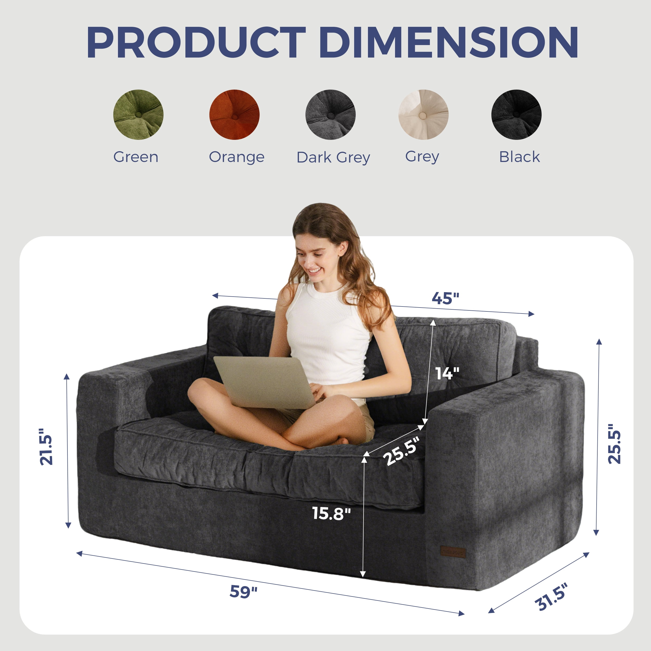 BYBYME 2 Seater Boneless Couch,Chenille Comfy Sofa with Extra Deep Seats for Living Room,Loveseat Bean Bag Chair,DGrey