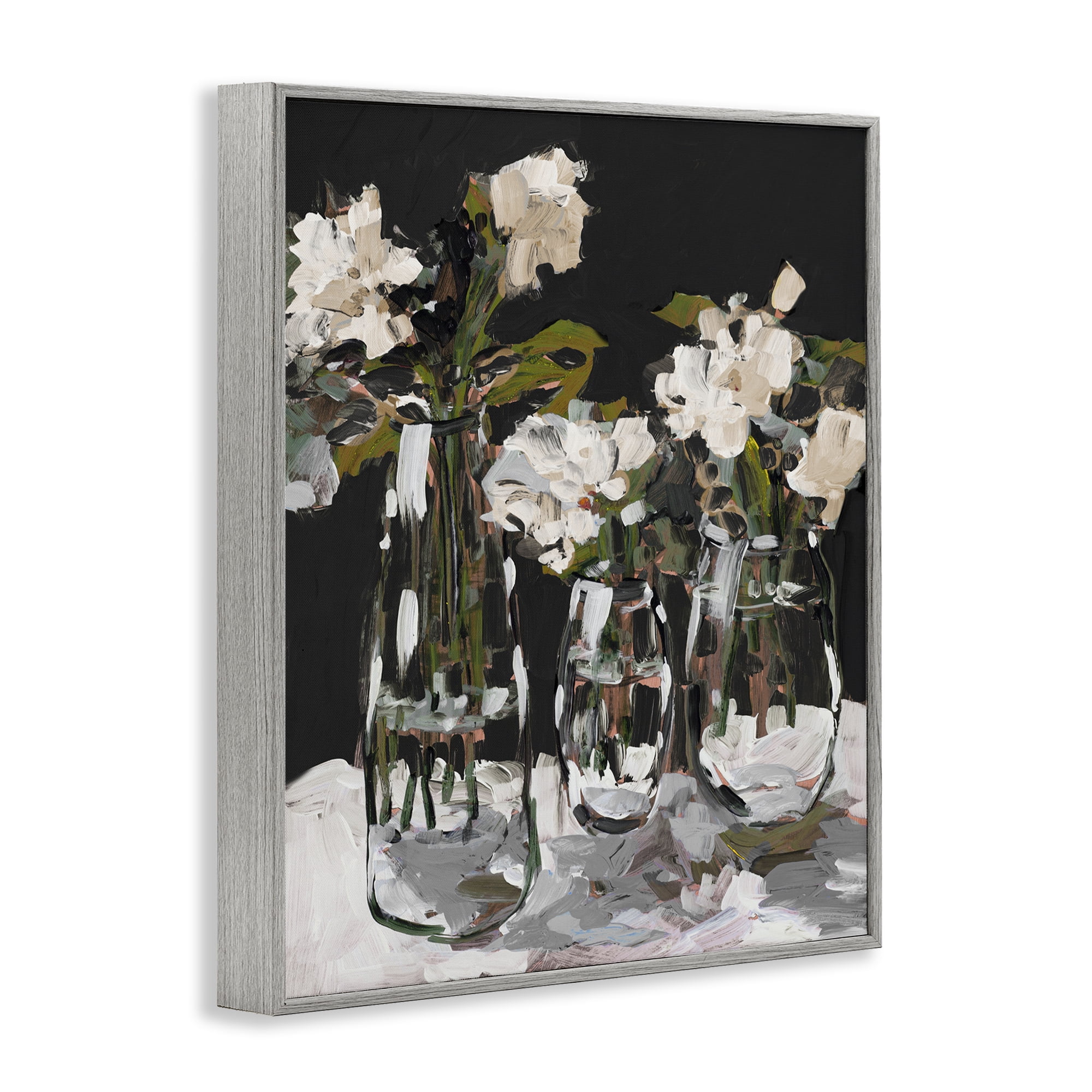 Stupell Industries Three Flower Vases on Black Gray Framed Giclee Art, design by Jane Slivka