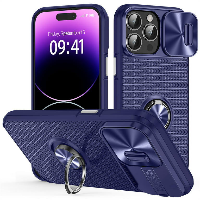 SaniMore for iPhone 14 Pro Max Case, with Adjustable Kickstand Holder  Rugged PC Cover Built-in Magnetic Car Mount & Sliding Camera Lens  Protection Armor Level Shockproof Protection, Royalblue/Black 