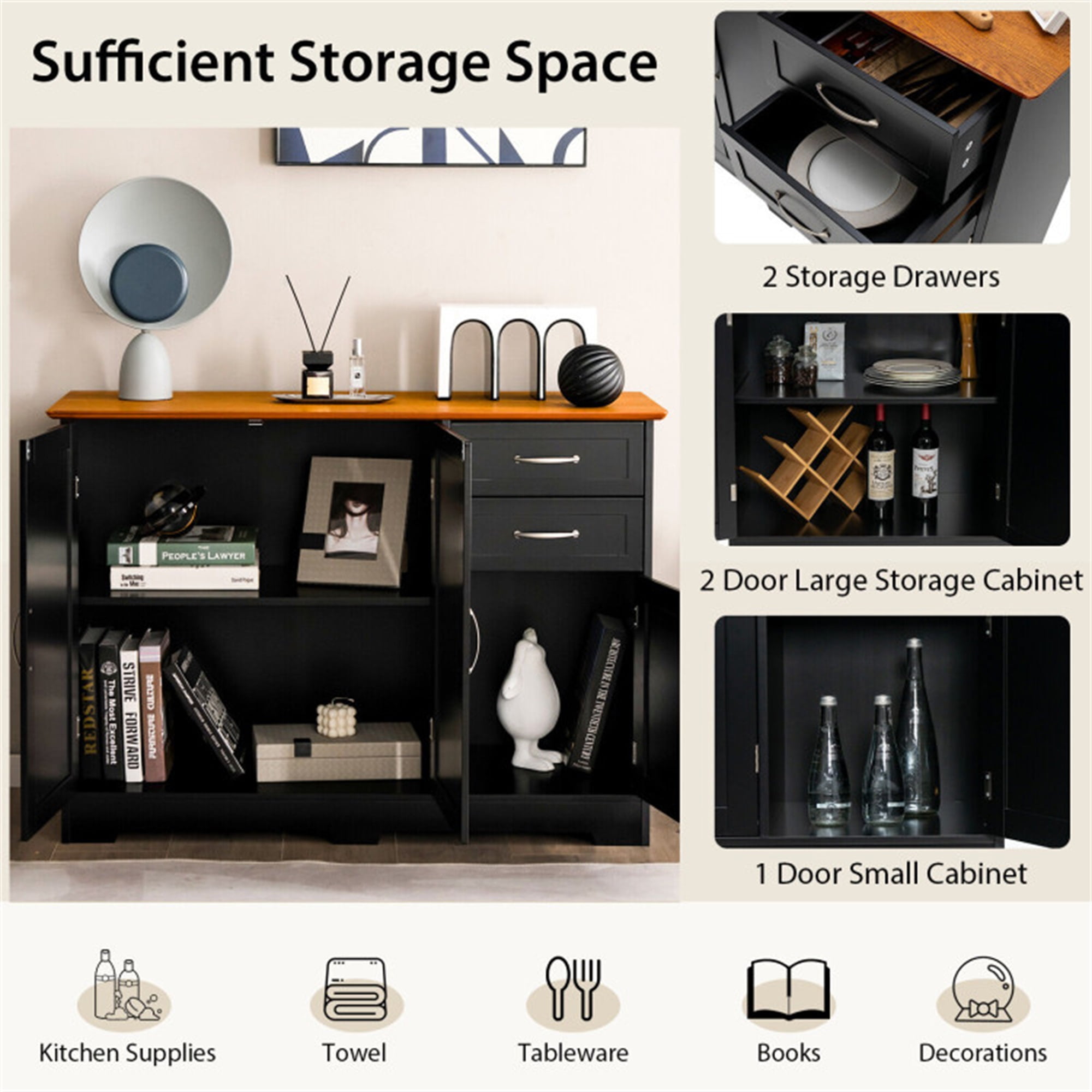 Finihen Kitchen Storage Cabinet, Buffet Sideboard, Buffet Storage Cabinet with 2-Door Cabinet and 2 Drawers, for Dining Room, Kitchen, Living Room, Black Finihen Kitchen Storage Cabinet, Buffet Sideboard, Buffet Storage Cabinet with 2-Door Cabinet and 2 Drawers, for Dining Room, Kitchen, Living Room, Black