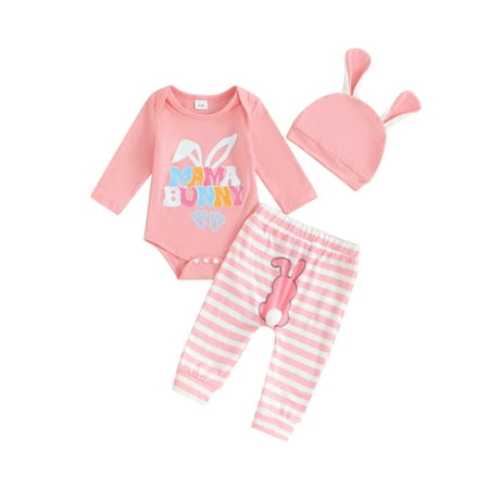 

Shuttle tree Baby Girls Easter Pants Sets Long Sleeve Letter Bunny Print Romper Tops Striped Pants Hat Sets