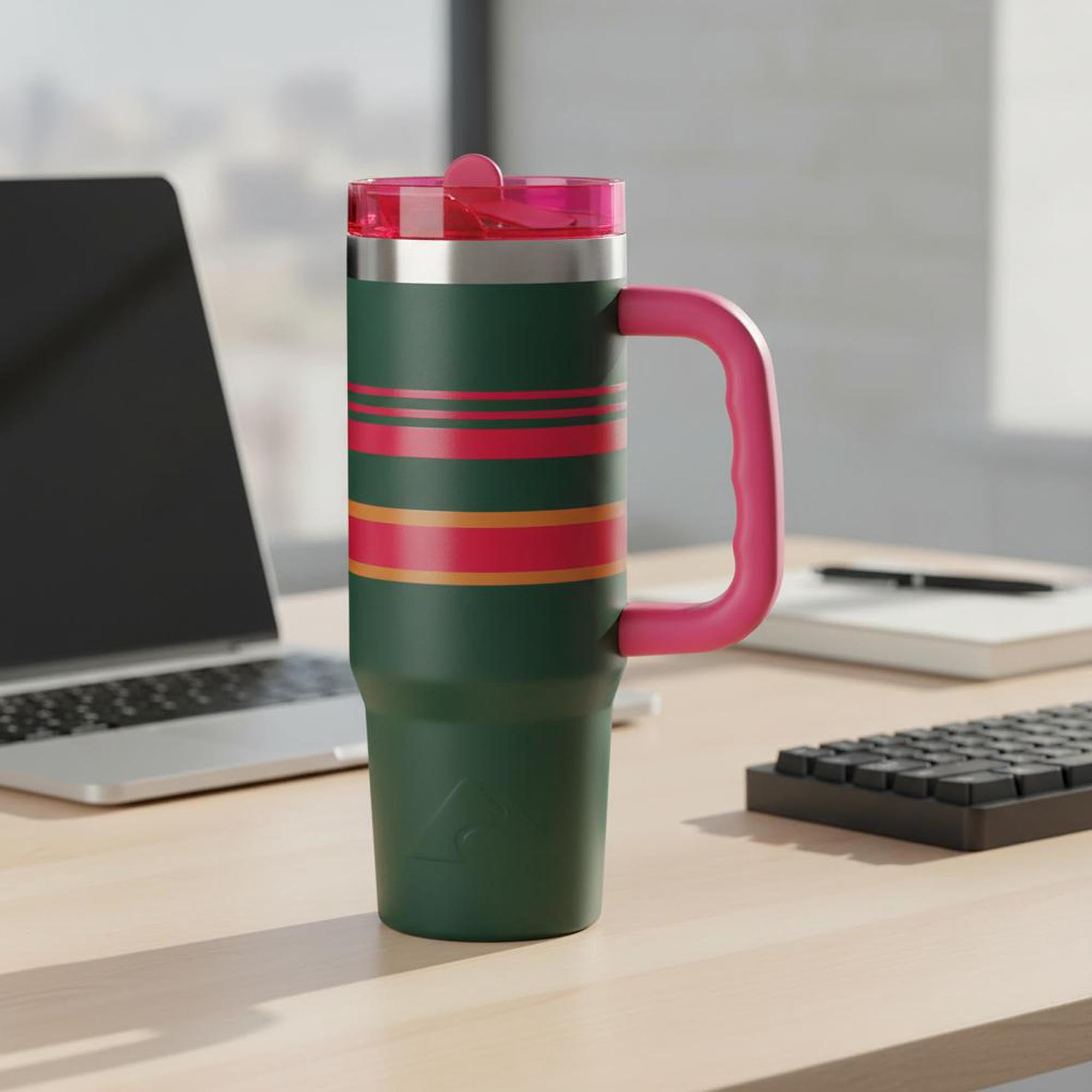 Ozark Trail Varsity 30 oz Stainless Steel Insulated Tumbler with Handle, Green and Pink Stripe