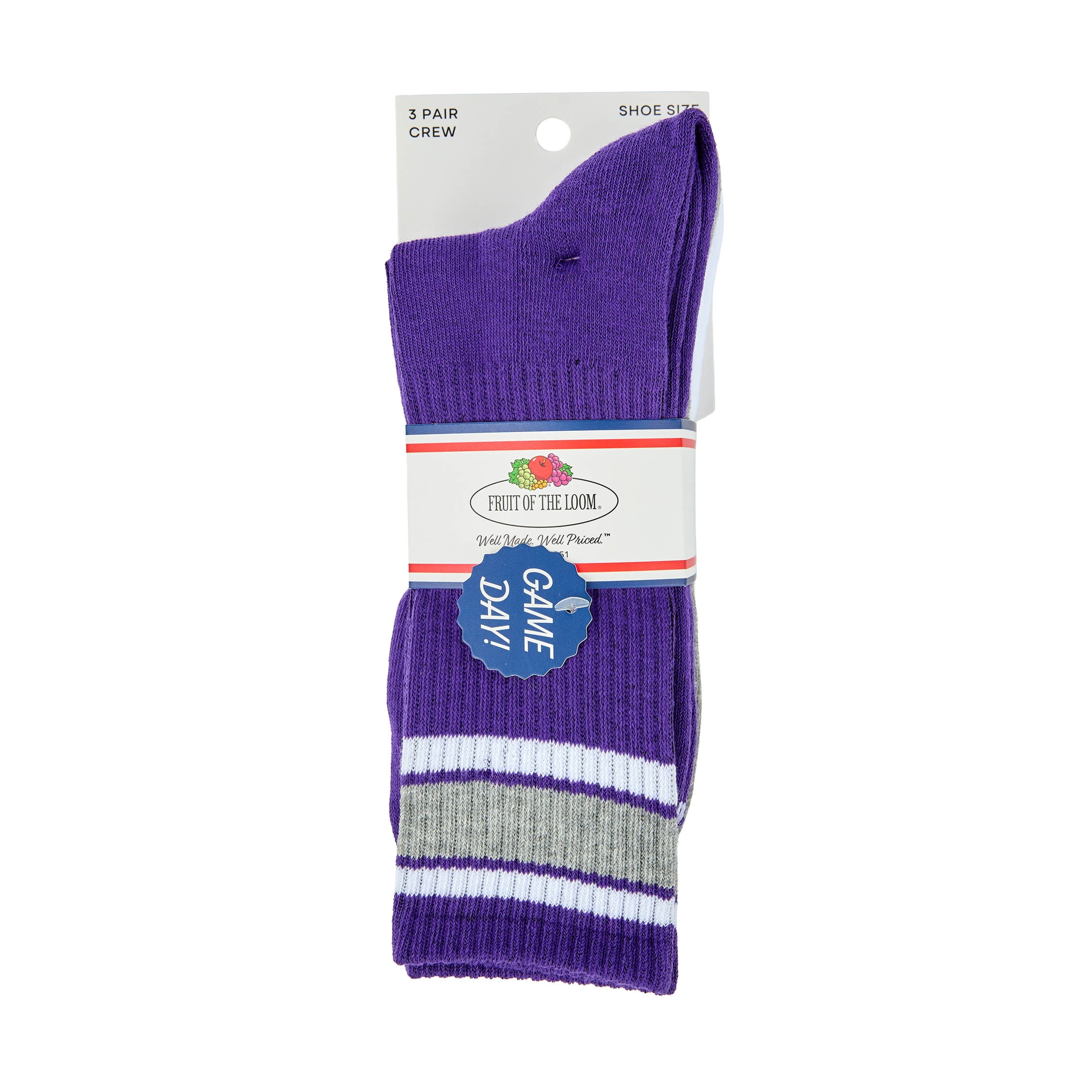 Fruit of the Loom Mens Gameday Crew Socks, 3-Pack, Sock Sizes 6-12