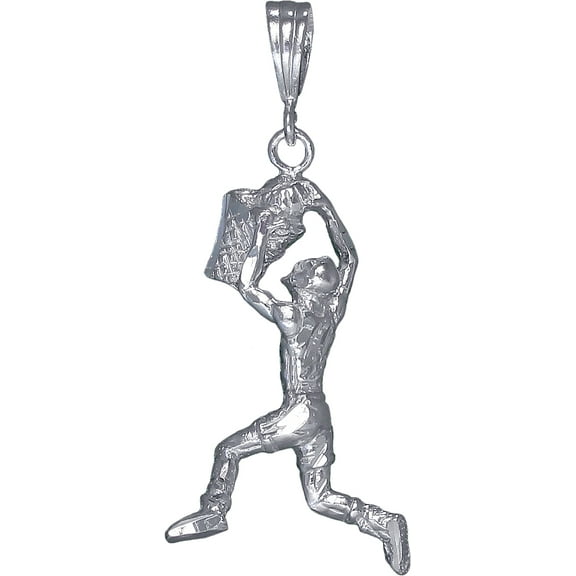 Sterling Silver Basketball Player Charm Pendant Necklace 2 Inches with Diamond Cut Finish and 24 Inch Figaro Chain