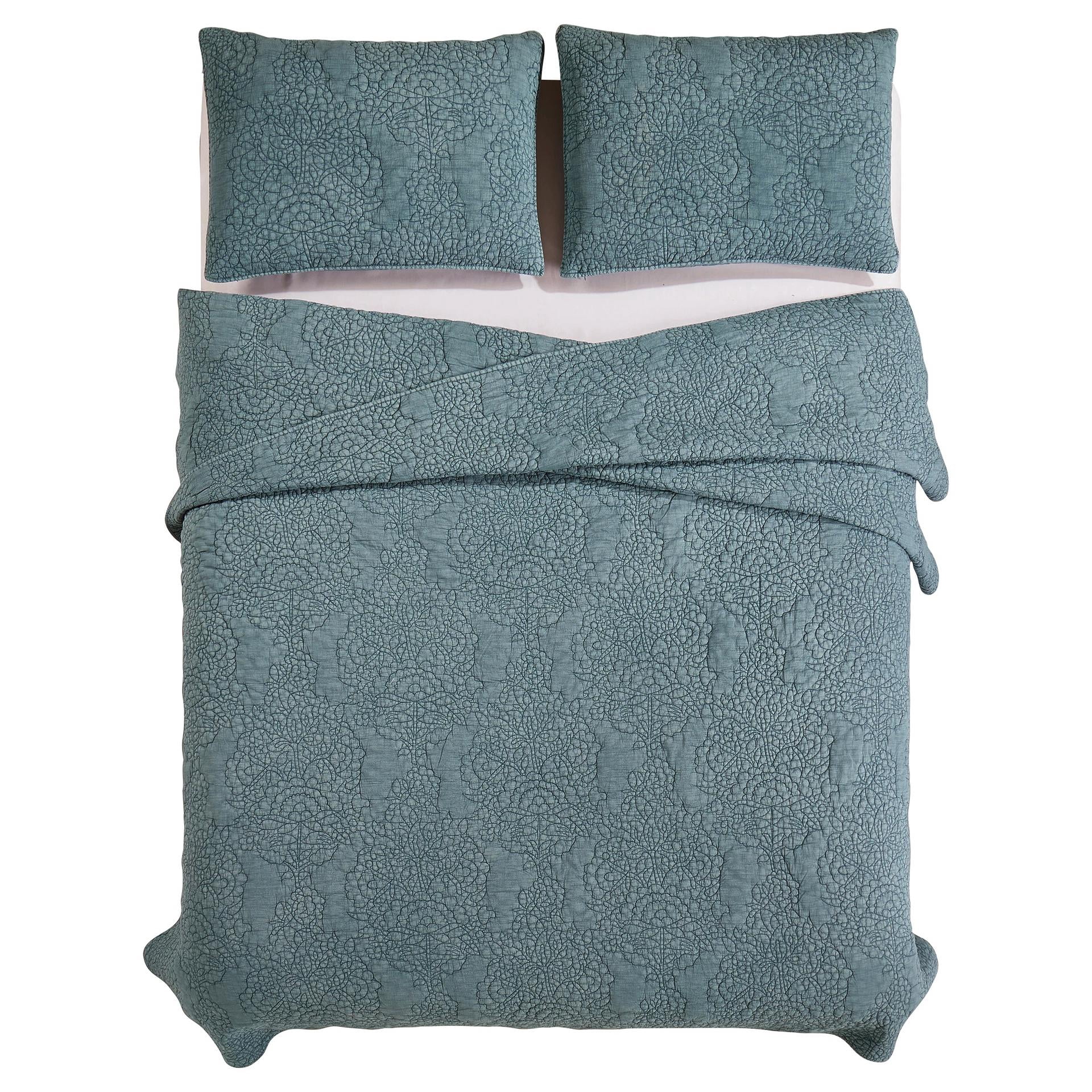 Spartina 449 Mystic Floral 3-Piece Solid Teal Quilt Set, King