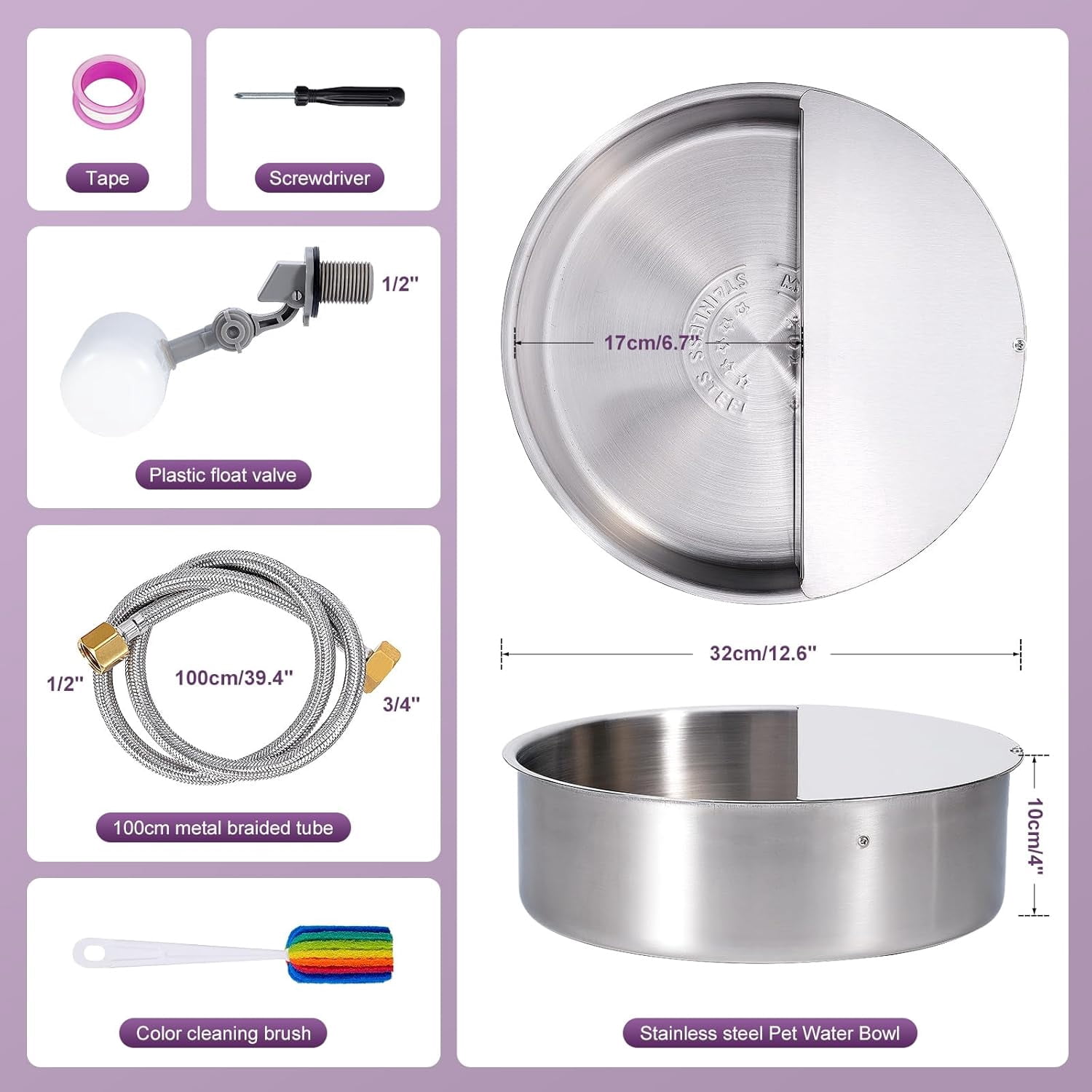 6L Automatic Dog Water Bowl Dispenser Outdoor Stainless Steel Pet Waterer Self Filling Waterer for Large Dog Cat Chicken Duck Goat