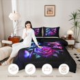 thumbnail image 3 of Homewish Neon Skull Rose Butterfly Full Size Comforter Sets for Teens, Black Purple Gothic Skeleton Bedding Comforter Set, Black Reversible, 3 Pieces, 1 Comforter and 2 Pillowcases, 3 of 6