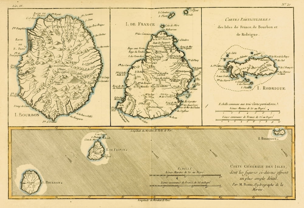 Map Of The Isles Of France Bourbon And Rodrigue Circa 1760 From Atlas De Toutes Les Parties Connues Du Globe Terrestre By Cartographer Rigobert Bonne Published Geneva Circa 1760 Canvas Art - Ken Wels