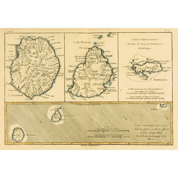 Map Of The Isles Of France Bourbon And Rodrigue Circa 1760 From Atlas De Toutes Les Parties Connues Du Globe Terrestre  By Cartographer Rigobert Bonne Published Geneva Circa 1760 Canvas Art - Ken Wels