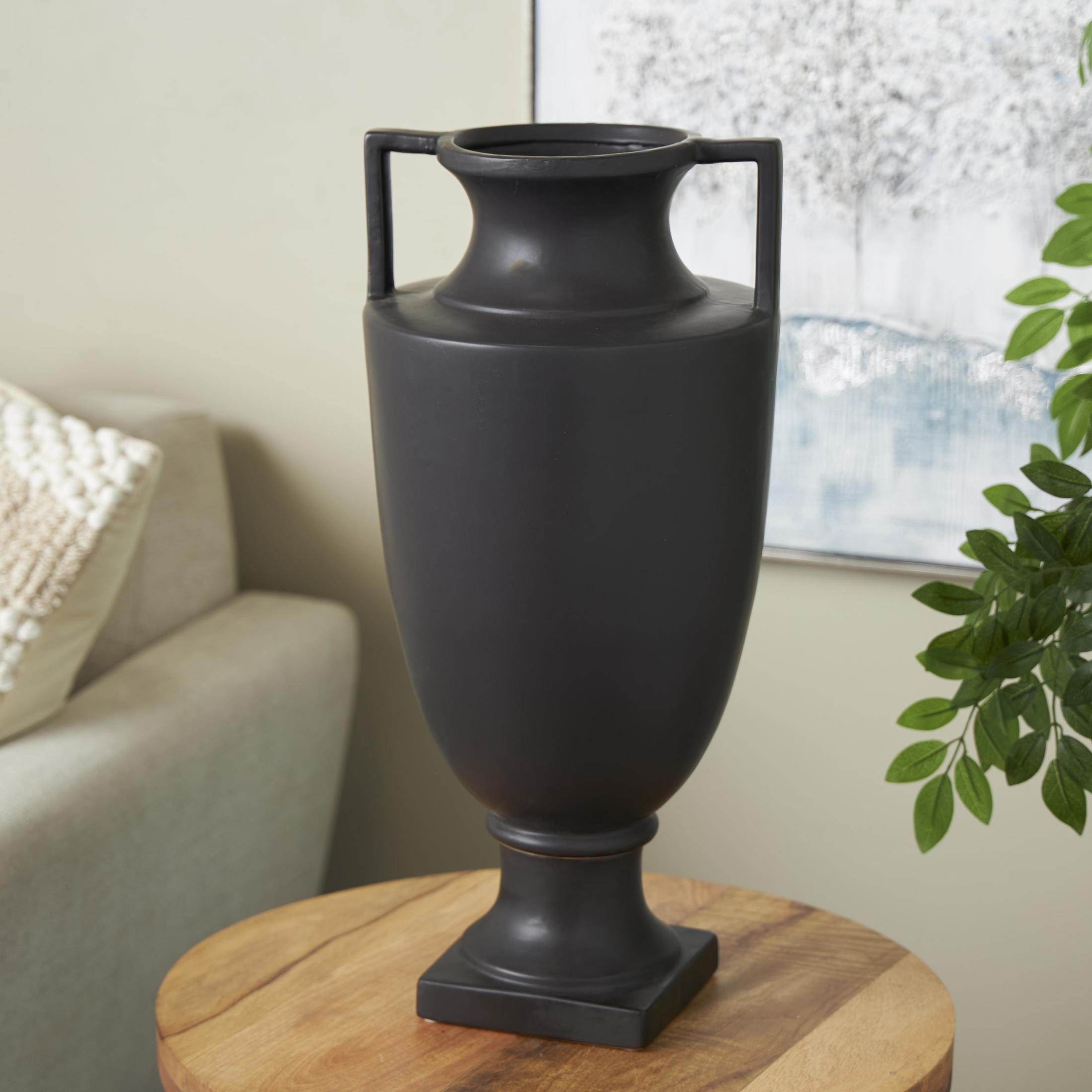 DecMode 22" Sleek Amphora Black Ceramic Vase with Handles