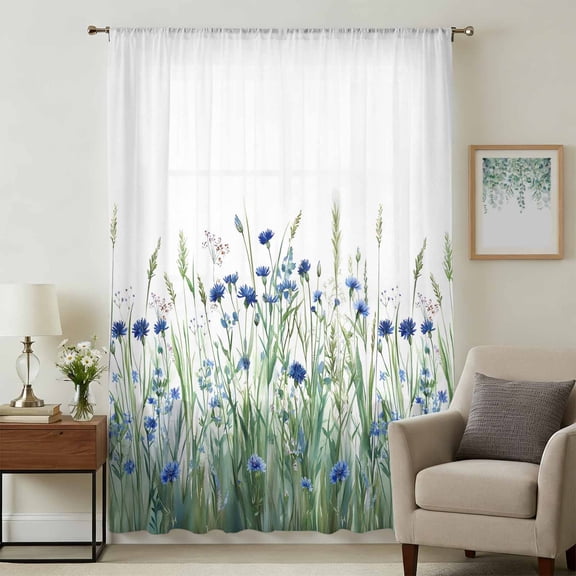Navy Blue Wildflowers Sheer Curtains 108" Extra Long, Spring Pastoral Botanical Floral Light Filering Curtains, Privacy Drapes Simi Floor to Veiling Curtain for Living Room Bedroom Window Treatment