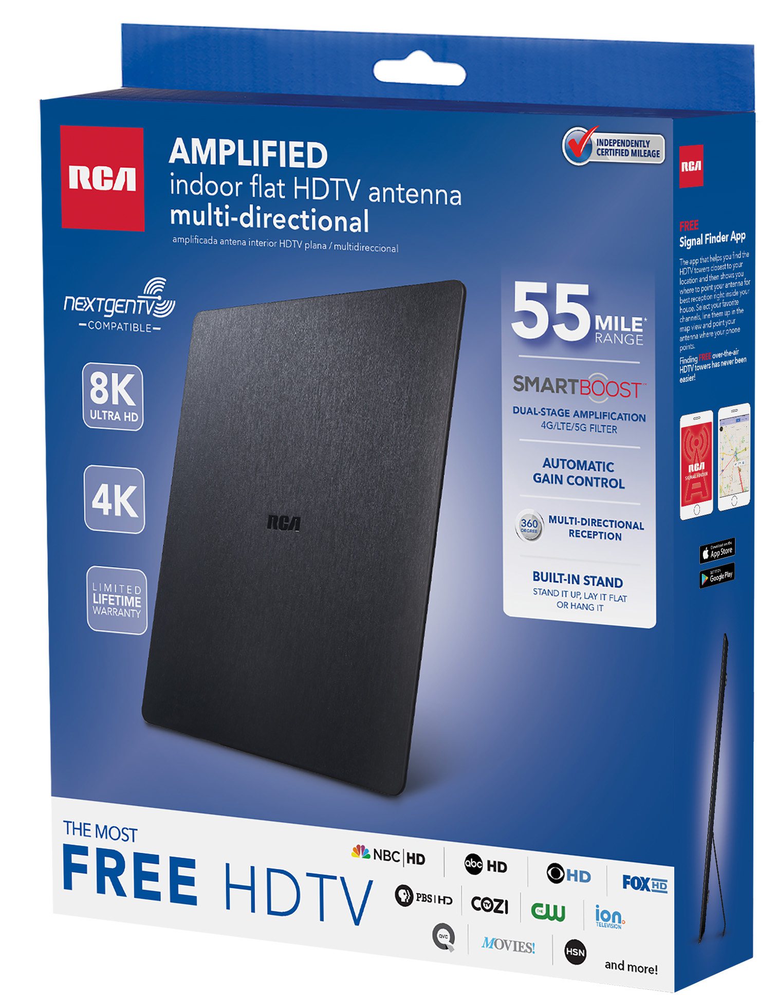 RCA Amplified Indoor HDTV Antenna – 55 Mile Range, Multi-Directional, Flat (ANTB55E) – Open Box