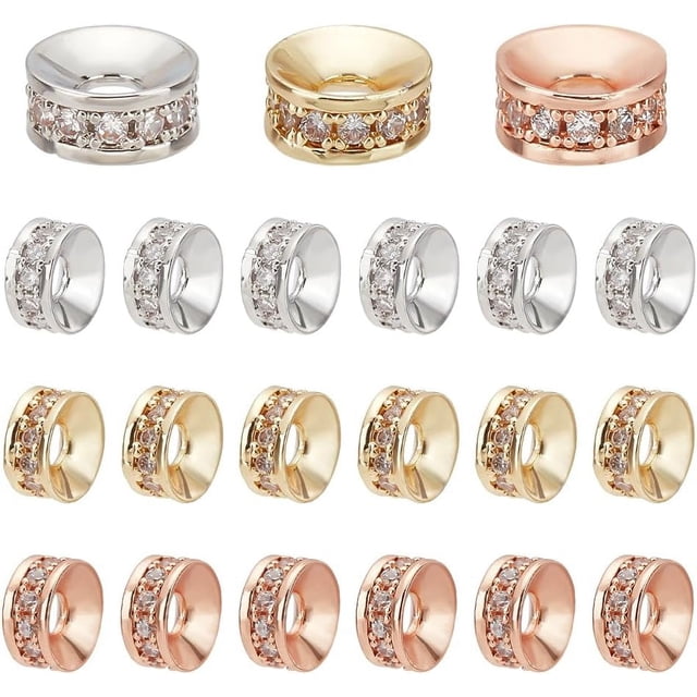 30 cuentas espaciadoras redondas de 6 mm, 3 colores, micro pavé de circonitas cúbicas, cuentas chapadas en oro y plata, cuentas sueltas de diamantes de imitación