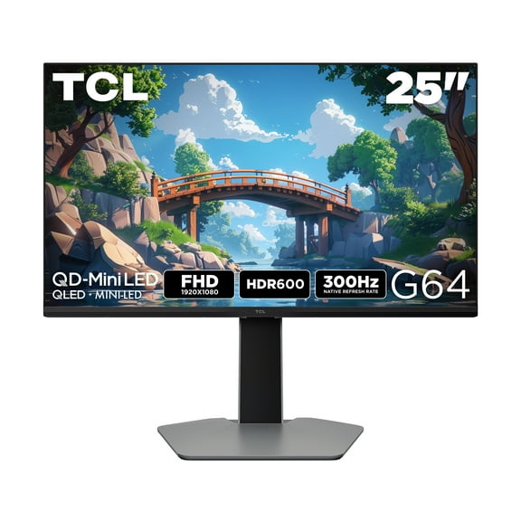 TCL 25” G64 Series FHD HDR QD-Mini LED Gaming Monitor, 300Hz Refresh Rate, LD180 Precise Dimming Series, HDR600 Brightness, 1ms, AMD FreeSync - 25G64