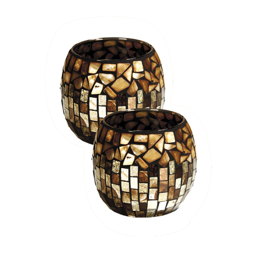 Set of 2 Brown Amber Shell Mosaic Glass Candle Holders 5"