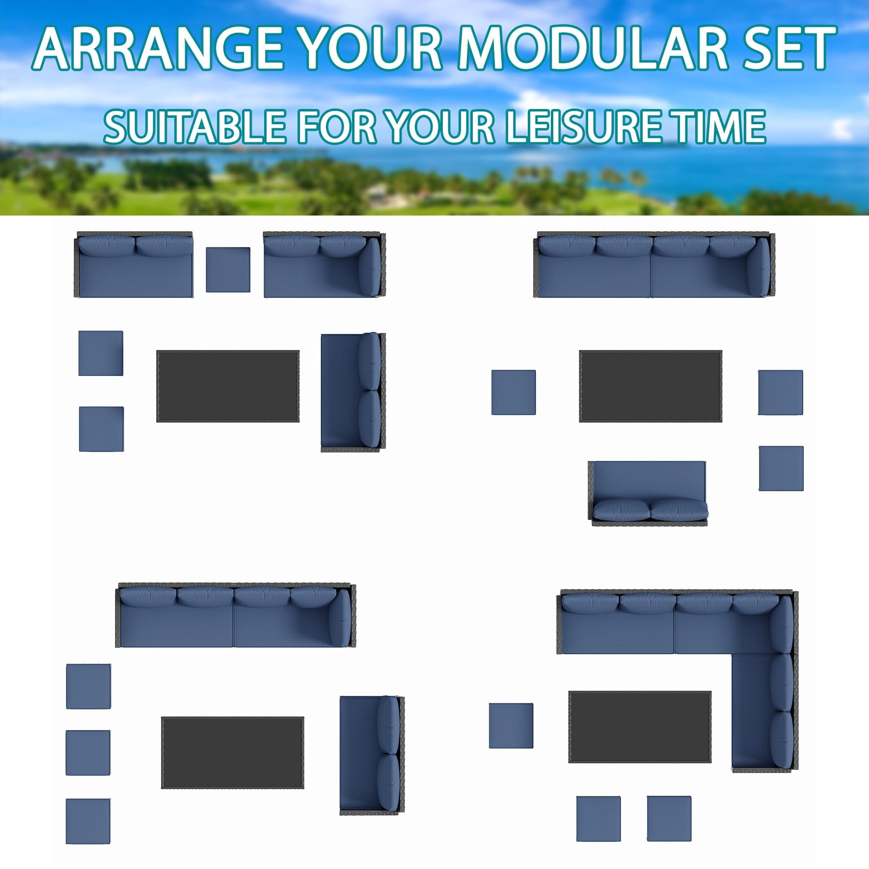 Tappio 10 Pieces Outdoor Patio Furniture Set, PE Rattan Wicker Patio Conversation Sectional Set with Ottoman, Table and Cushions for Backyard, Porch, Garden, Blue