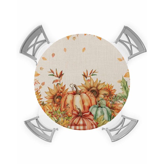 nqOlkjepod Orange Pumpkins Fall Thanksgiving Round Tablecloth, Fitted Table Cover with Elastic for 36"-44" Round Tables, Maple Leaf Rustic Table Cloth Outdoor Dinning Party Waterproof Tablecloths