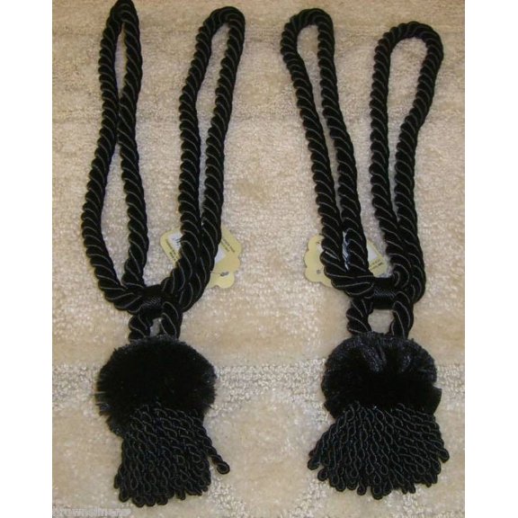 SET OF 2 ROPE CORD CURTAIN TIE BACKS WITH TASSEL, BLACK