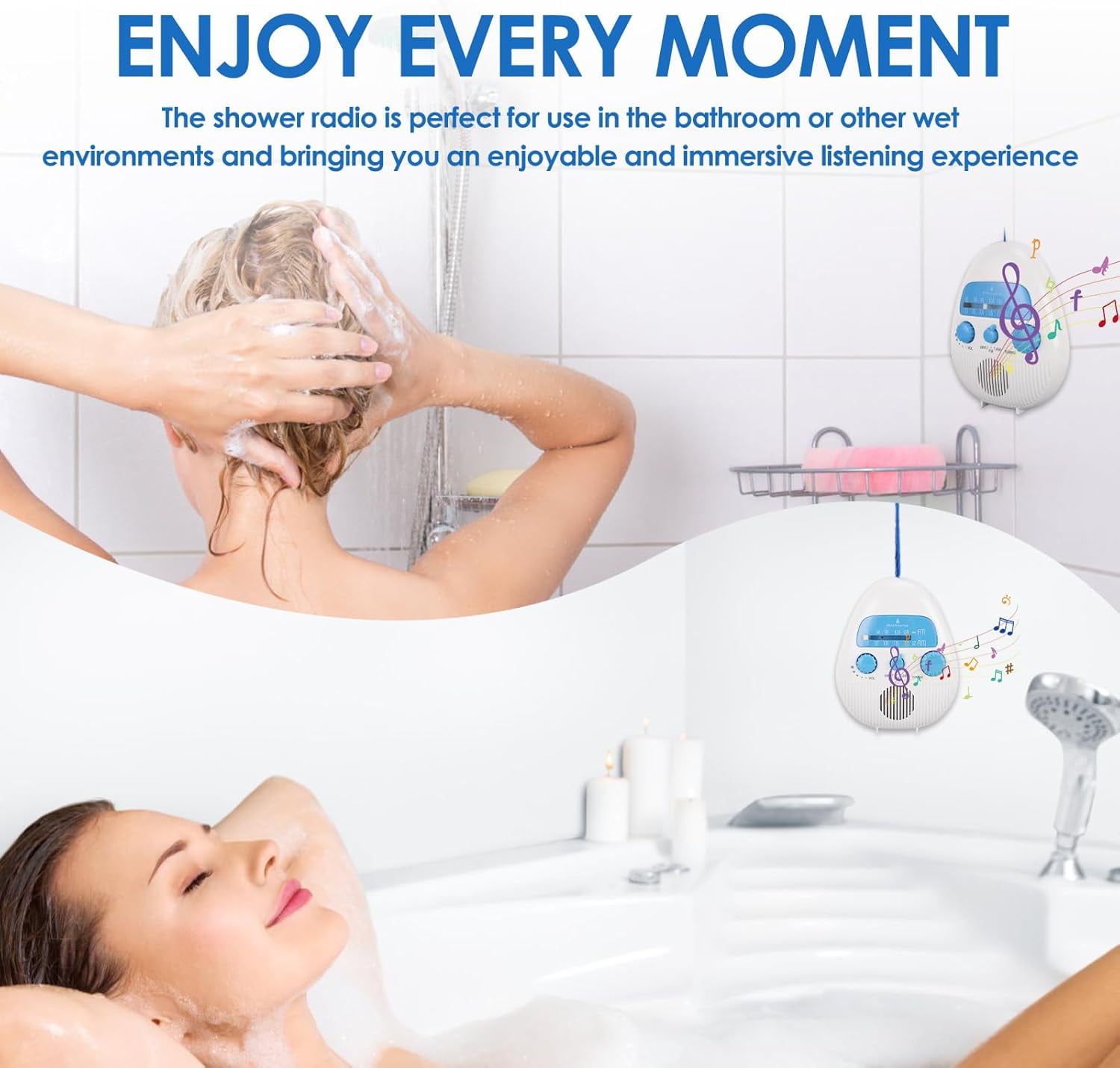 Waterproof Shower Radio, Portable AM/FM Bathroom Radio with Large Speaker for Crystal Clear Sound, Anti-Fog Design for Steamy Showers, Enjoy News & Music with Easy Knob Control.