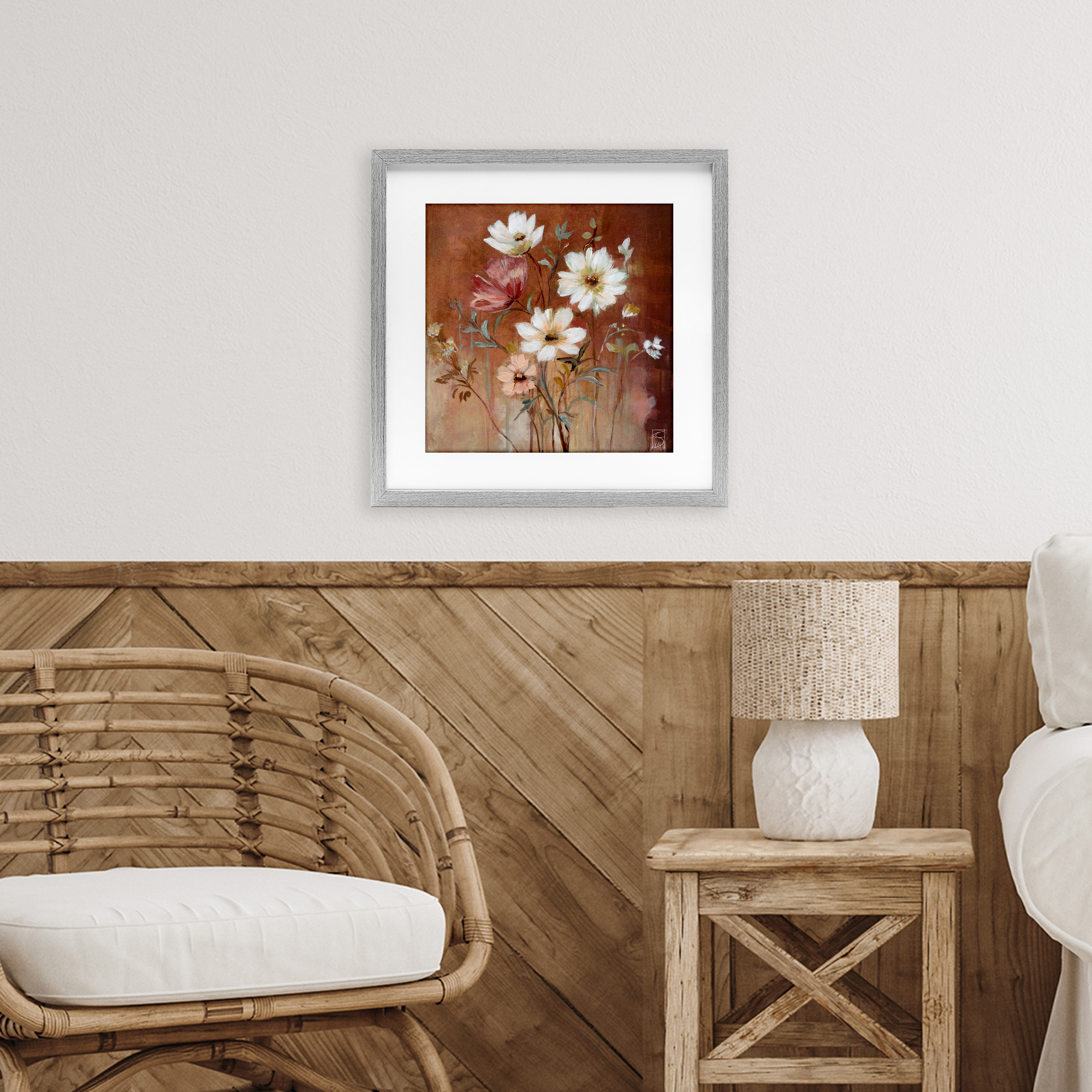 Mocha Flowers Collection Gray Framed Print Under Glass, design by Sara Culpepper