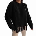 thumbnail image 3 of Women'S Tassel Fringe Sweater Long Sleeve Crew Neck Pullover Fall Knitted Tops Black L, 3 of 7