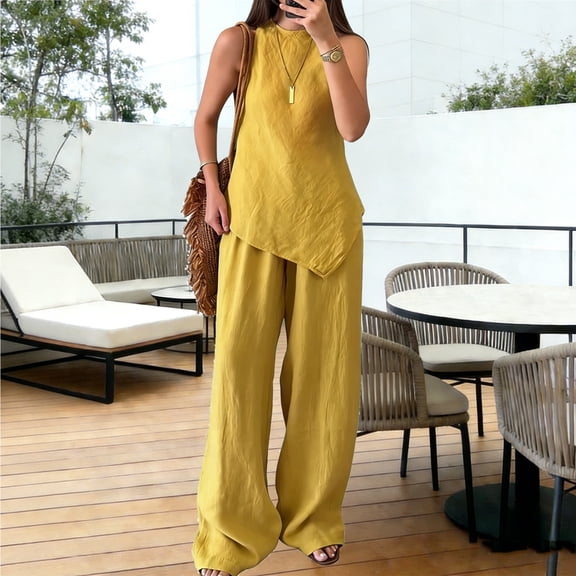 HAIJIE womens linen set two Piece Easter Sets for Women Summer Spring Lou-nge Sets Travel Vacation Outfits Cap Sleeve Side Slit Wide Leg Pants (Yellow,M)