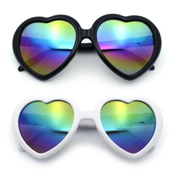 Womens Rusta Rainbow Mirror Lens Plastic Frame Heart Shape Sunglasses [2-pc] Black & White
