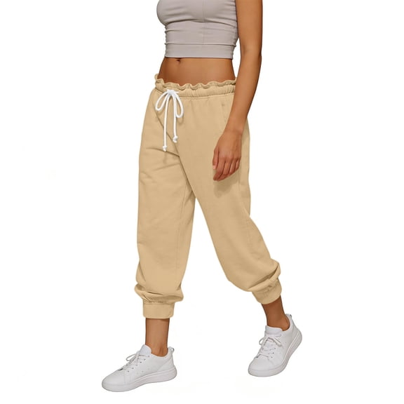 Nhthy Women's Summer Solid Cropped Joggers Elastic Waist Drawstring with Functional Pockets Khaki XL