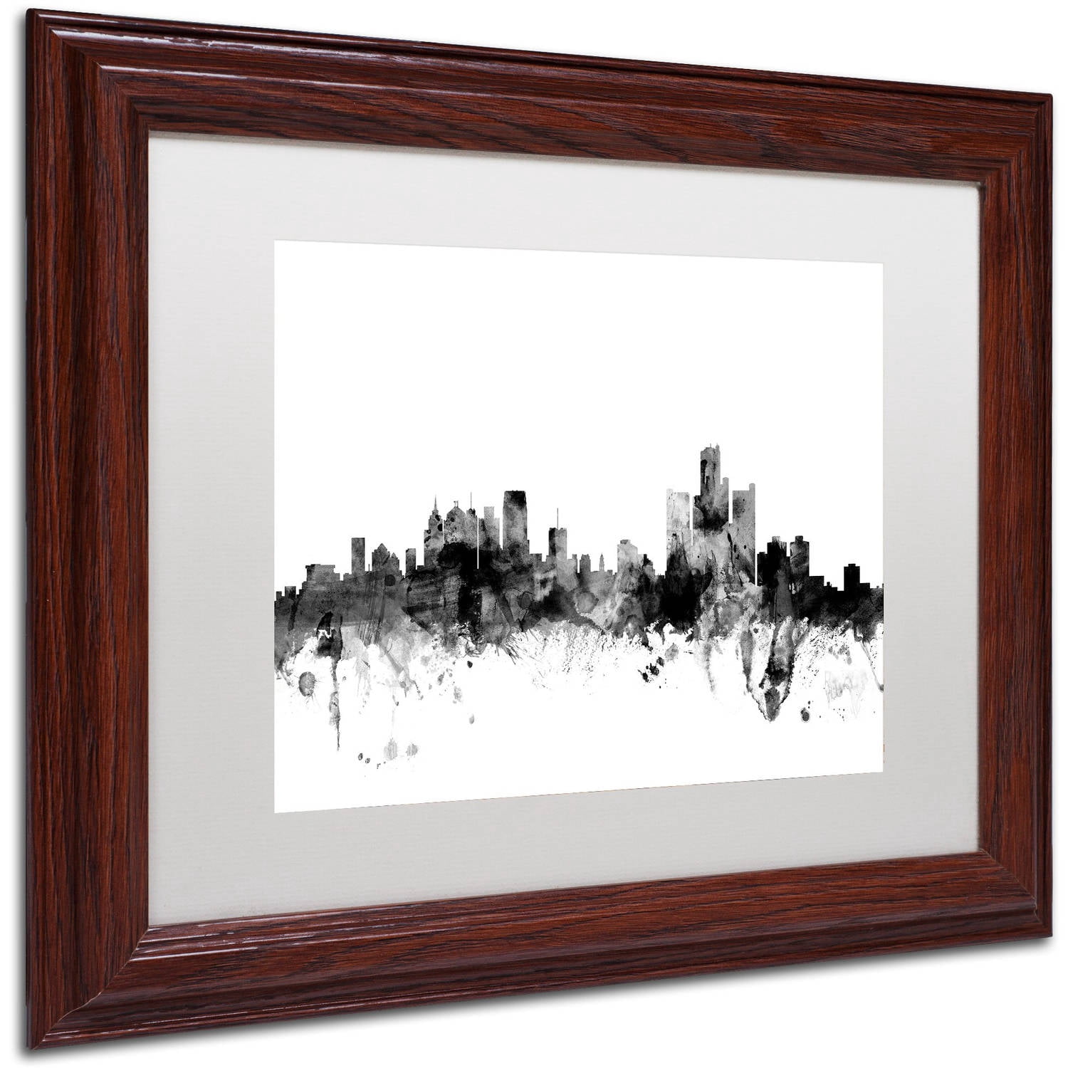 Trademark Fine Art "Detroit Michigan Skyline B&W" Canvas Art by Michael Tompsett, White Matte, Wood Frame