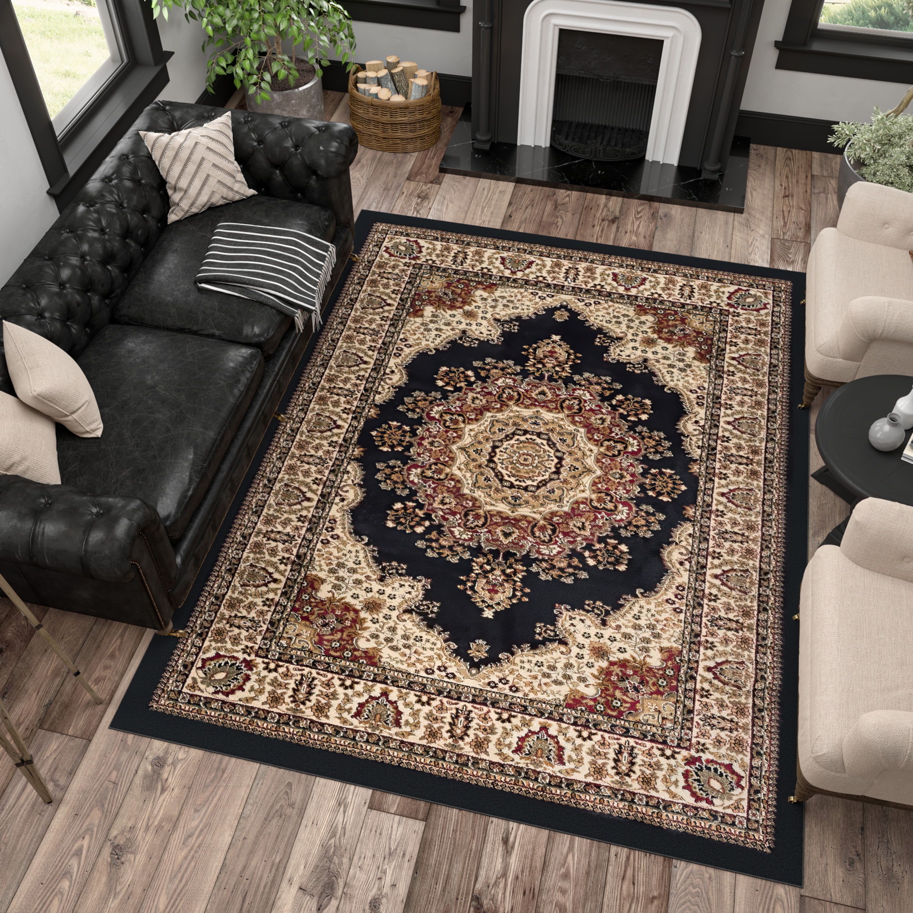 Sensation Transitional 8' x 10' Black and Beige Polypropylene Indoor Area Rug