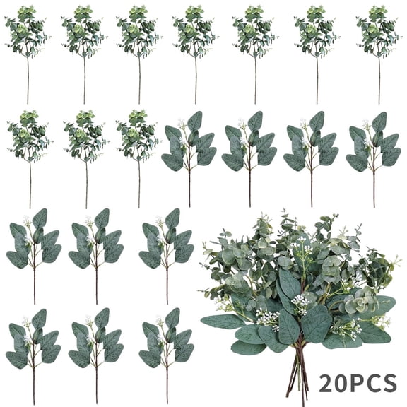 Kabuer Artificial Mixed Eucalyptus Leaf Stem Greenery Sprays Plants 2 Kind 20 Pcs Eucalyptus Bouquet (Green)