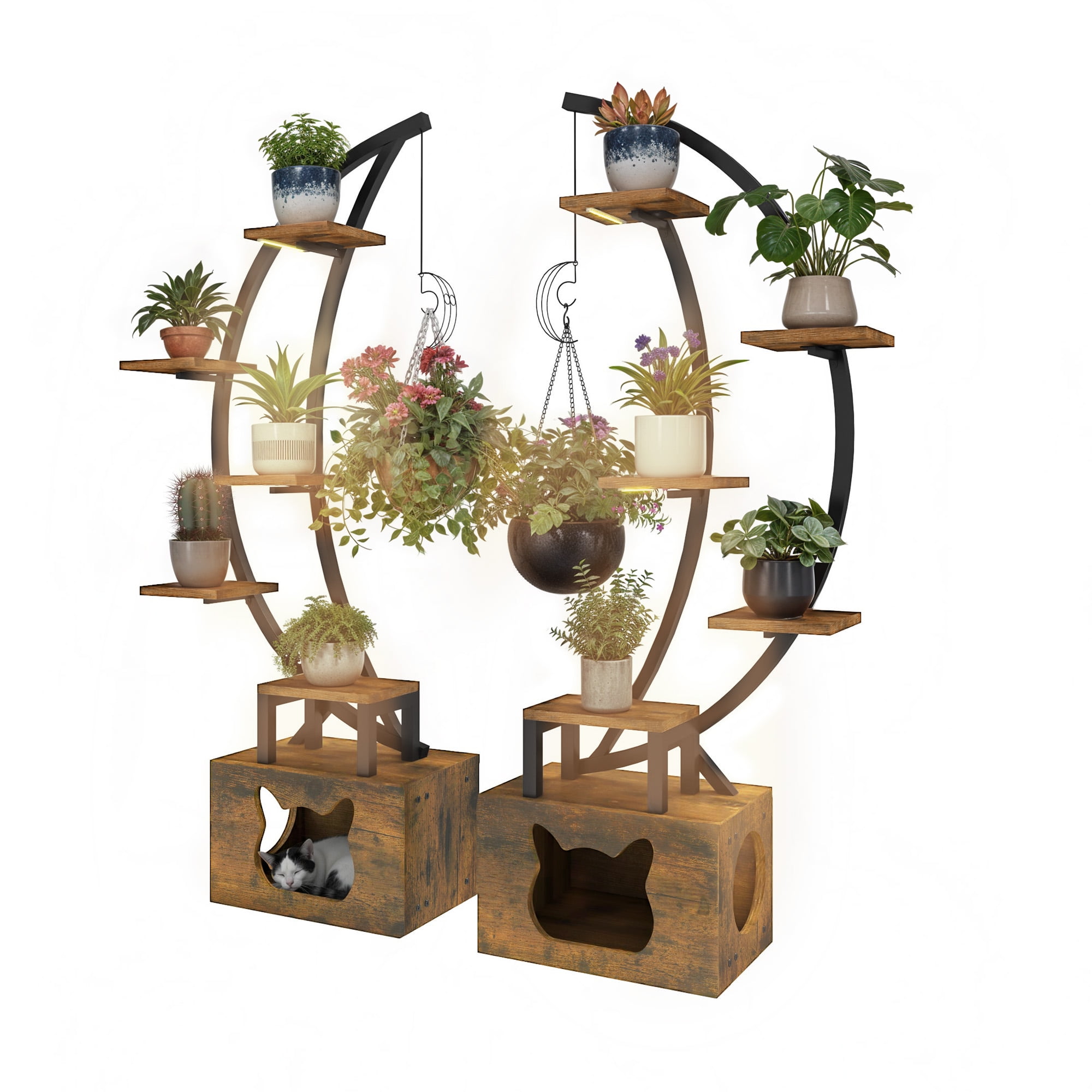 Uforic 65" Plant Stands Indoors with Grow Lights, Half Moon Metal Storge Shelf,Multiple Pots Metal Flower Stands with Cat Litter Box