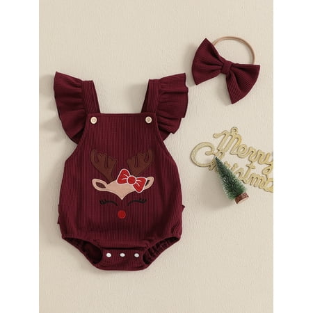 

Mama s sunshine Baby Girl Christmas Outfit Fly Sleeve Cartoon Elk Romper with Hairband for Casual Daily
