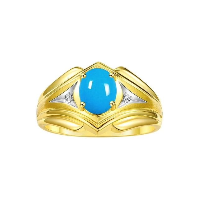 RYLOS Men's Rings 14K Yellow Gold Rings Classic Designer Style 9X7MM Oval Gemstone & Diamond Ring Turquoise December Birthstone Rings For Men Size 9