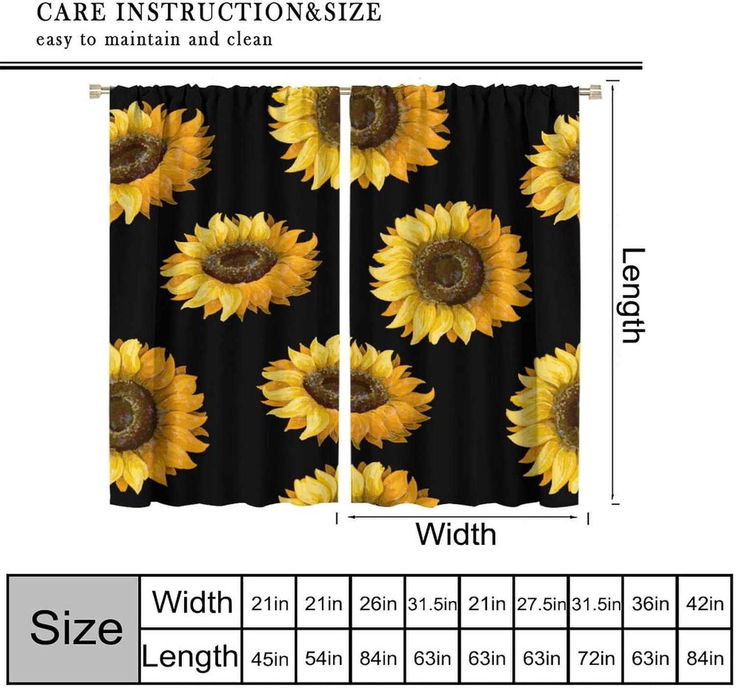 Sunflower Blackout Curtains Beautiful Flowers Yellow Black Rustic Nature Bedroom Living Room Kitchen Rod Pocket Decoration Window Drapes 2 Panels W42xL63in