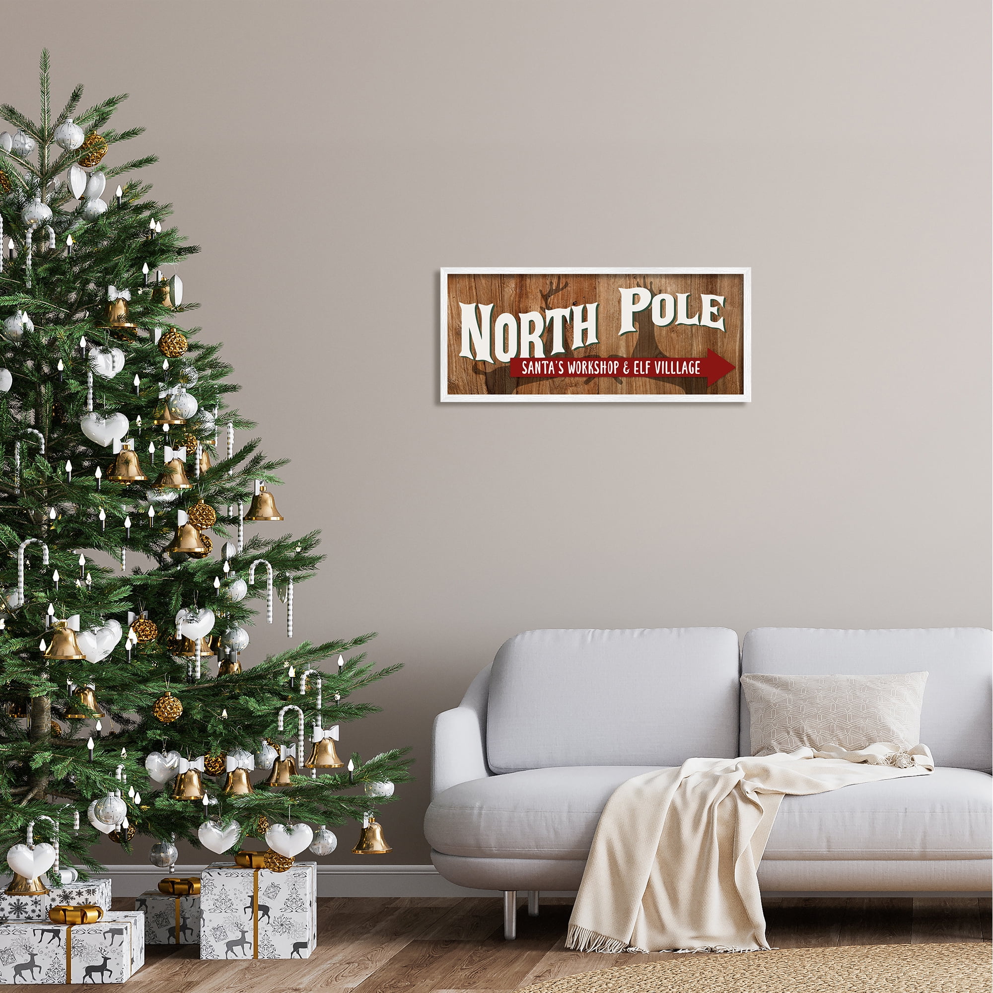 Stupell Industries Rustic North Pole with Arrow Holiday Painting White Framed Art Print Wall Art, 30 x 13