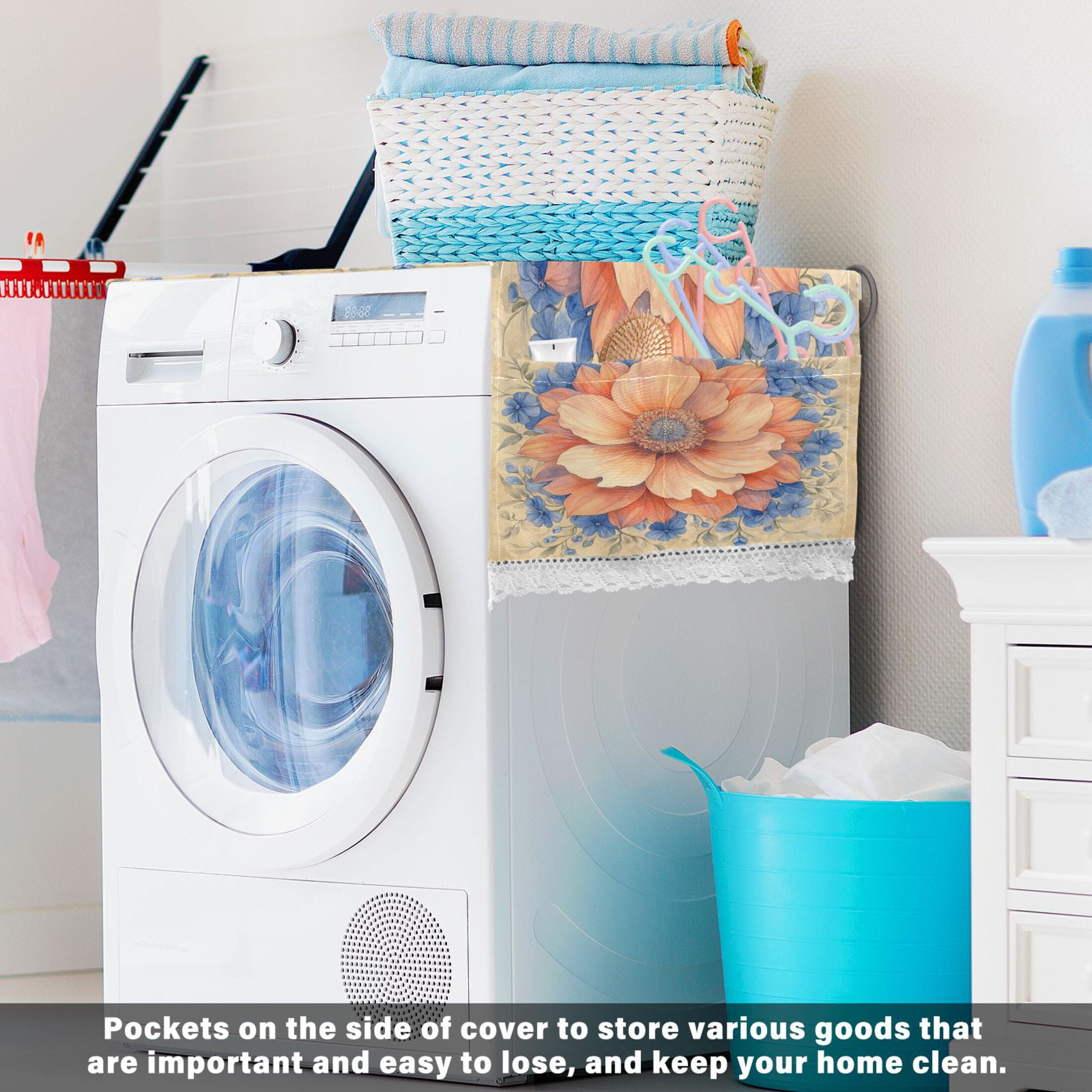 Elegant FlowerWasher and Dryer Covers Dust-Proof and Oil Resistant Fridge Cover with 4 Storage Pockets Washing Machine Top Cover for Laundry Kitchen Home 51.2 x 22 In