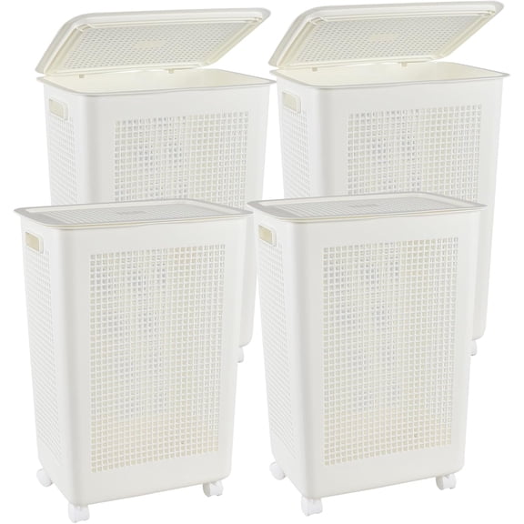 65 L Plastic Clothes Laundry Basket with Wheels and Handle, Slim Laundry Basket for Laundry Room, Bedroom, Dorm, Bathroom, White, 4 Packs
