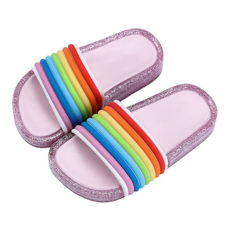 

BYDOT Children Kids LED Flashing Light Jelly Slide Slippers Shiny Glitter Powder Rainbow Stripes Indoor Sandals Summer Shoes