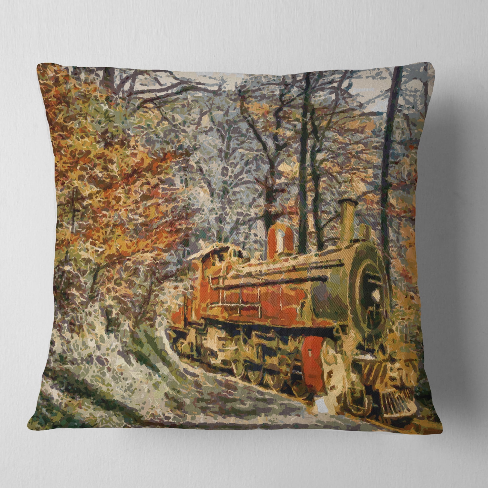 Designart Train in Forest Oil Painting - Landscape Painting Throw Pillow - 16x16