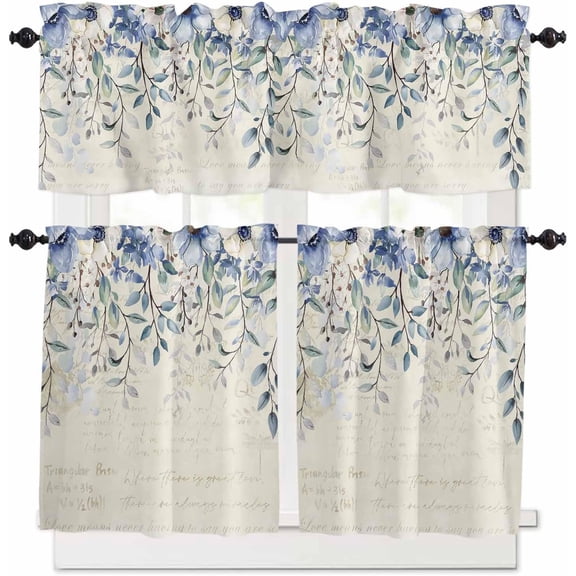 Eucalyptus Flowers Kitchen Curtains, Botanical Floral Leaves Gray Plaid 3-Piece Kitchen Curtain Valance and Tiers Set 24 Inch Length, Rod Pocket Half Window Curtains for Cafe Living Room Bathroom