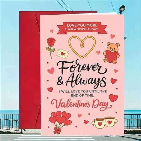 Valentine’s Day Card - Forever & Always Romantic Design with Cute Graphics - Envelope Included Blank Inside - Perfect for Partner Spouse or Loved Ones