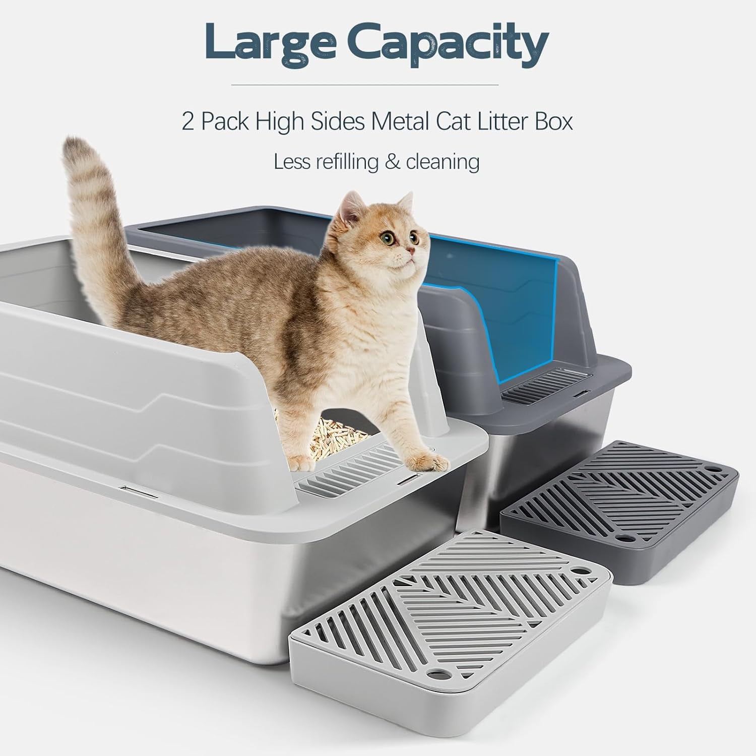 2 Pack Stainless Steel Litter Box, XL 22.9”x15”x 10.3” High Sided Metal Cat Litter Tray with Scoop, Filter Pedal for Anti-Splash, Odor Control, Non-Sticky, Easy to Clean (Dark Grey&Light Grey)