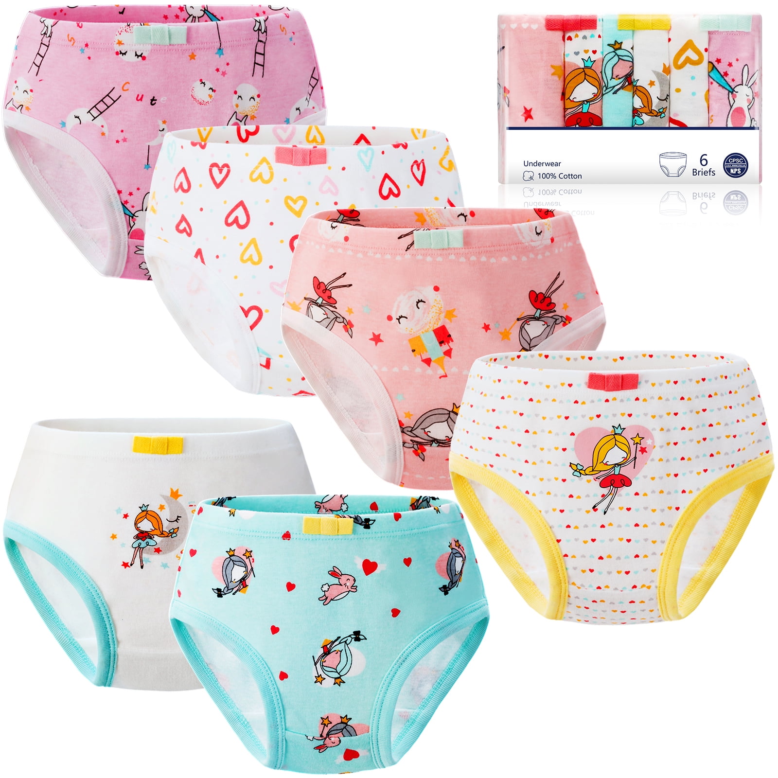 SYNPOS 6 Packs Girls Underwear 100% Cotton Cartoon Briefs Kids Underpants  Panties for Little Girls 6-7 Years - Fairies,Rabbit,Love-heart 