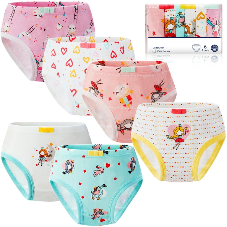 SYNPOS 6 Packs Girls Underwear 100% Cotton Cartoon Briefs Kids Underpants  Panties for Toddler 2-3 Years - Fairies,Rabbit,Love-heart 