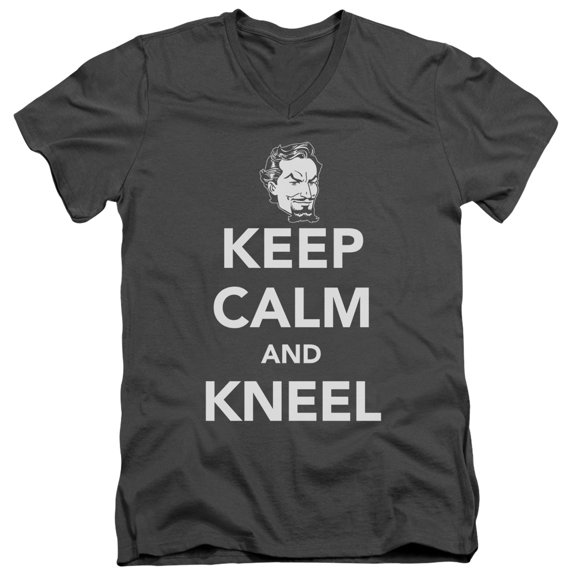 DC Comics Keep Calm And Kneel S/S Adult V-Neck T-Shirt Charcoal
