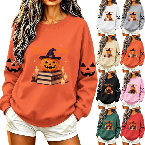 AGWOLF Halloween Sweatshirts Women Spooky Graphic Pullovers Vintage Work Round Neck Long Sleeve Sweater Tops Halloween Costumes Beige L