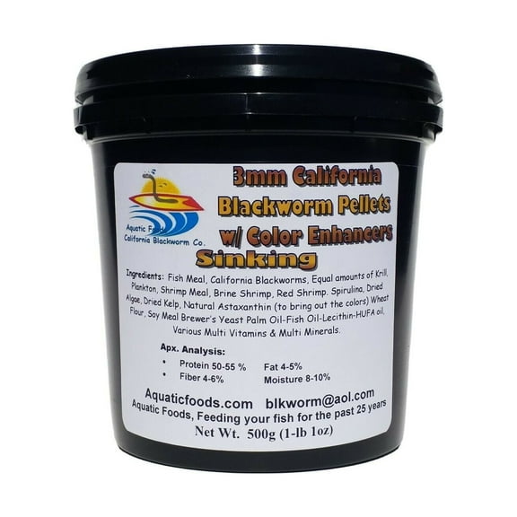3 mm Sinking California Blackworm Pellets with Color Enhancers and Vitamins…500g / 1.1-lbs Tub